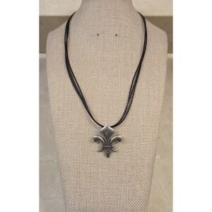 James Avery Sterling Silver Fleur De Lis Pendant 3 Strand Leather Necklace 925